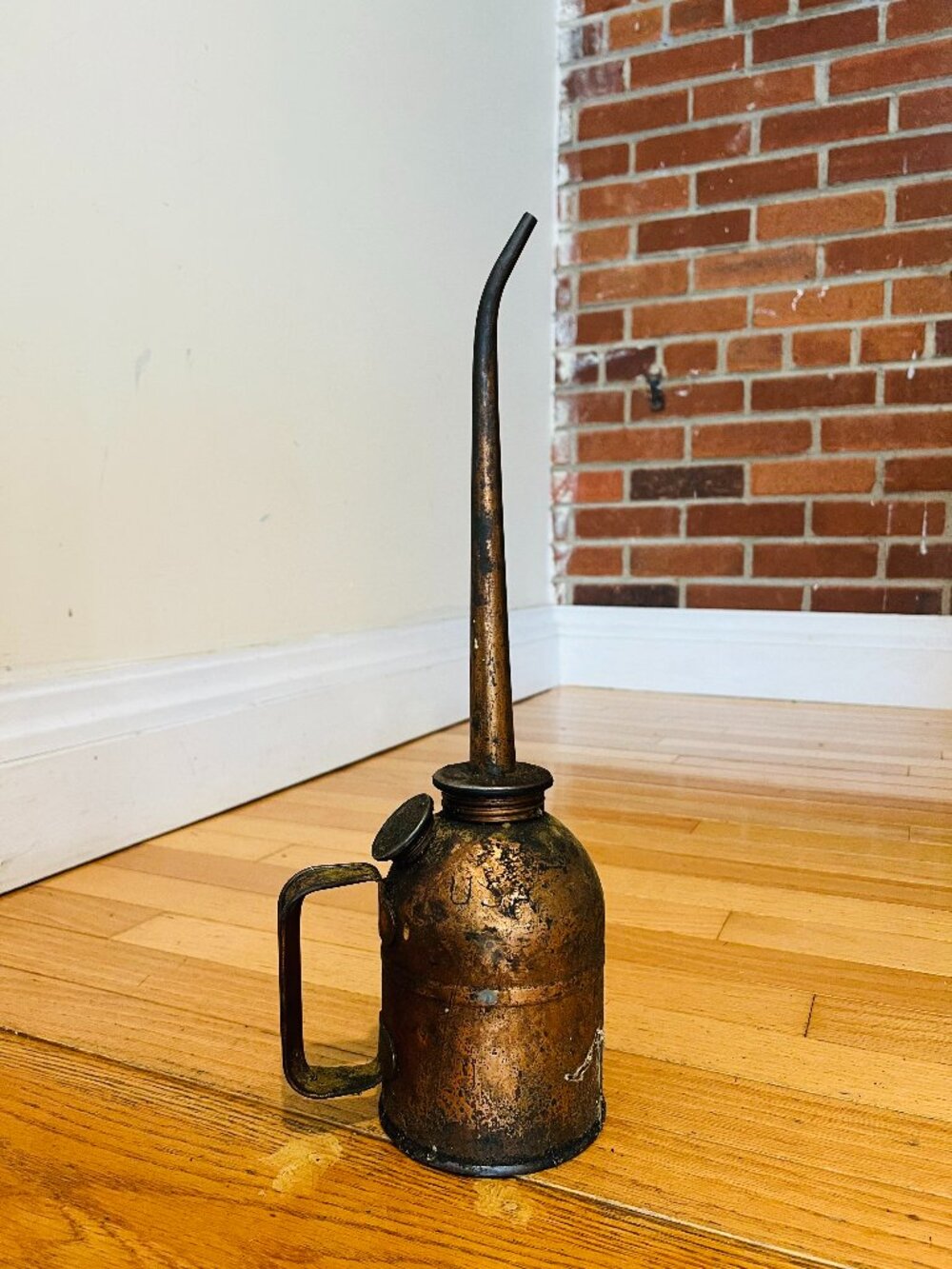 vintage copper-coated steel long-spout oil can MADE IN USA